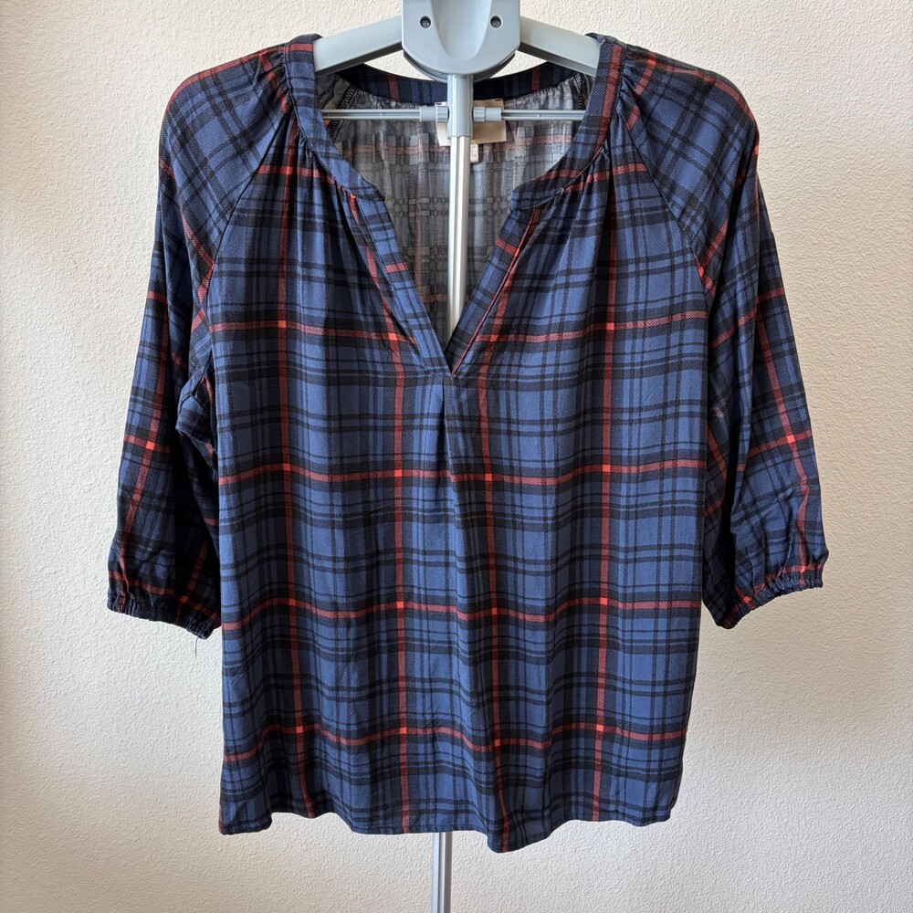 Skies are Blue Plaid Top LG 3/4 Sleeve Elastic Cuff Shirt Style 34037 Blouse